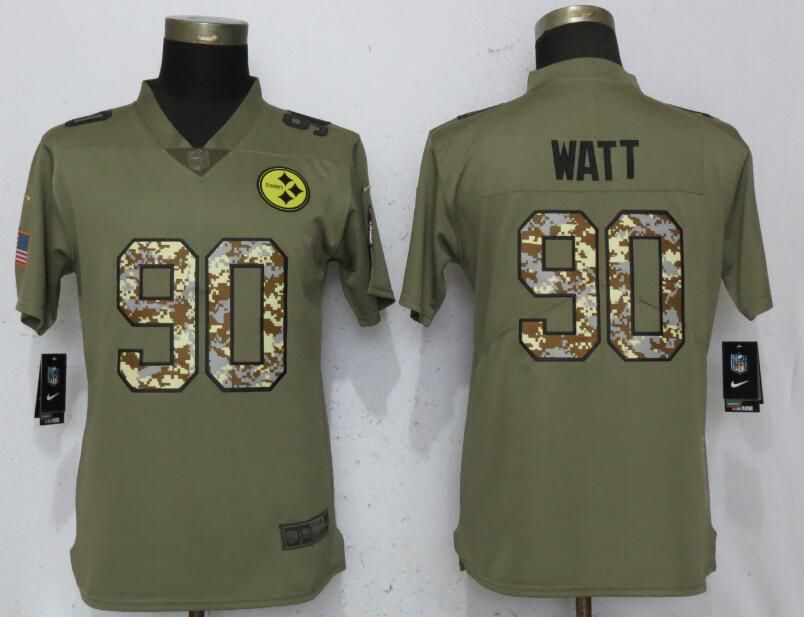 Women Pittsburgh Steelers #90 Watt Olive Camo Carson Nike Salute to Service Player NFL Jerseys